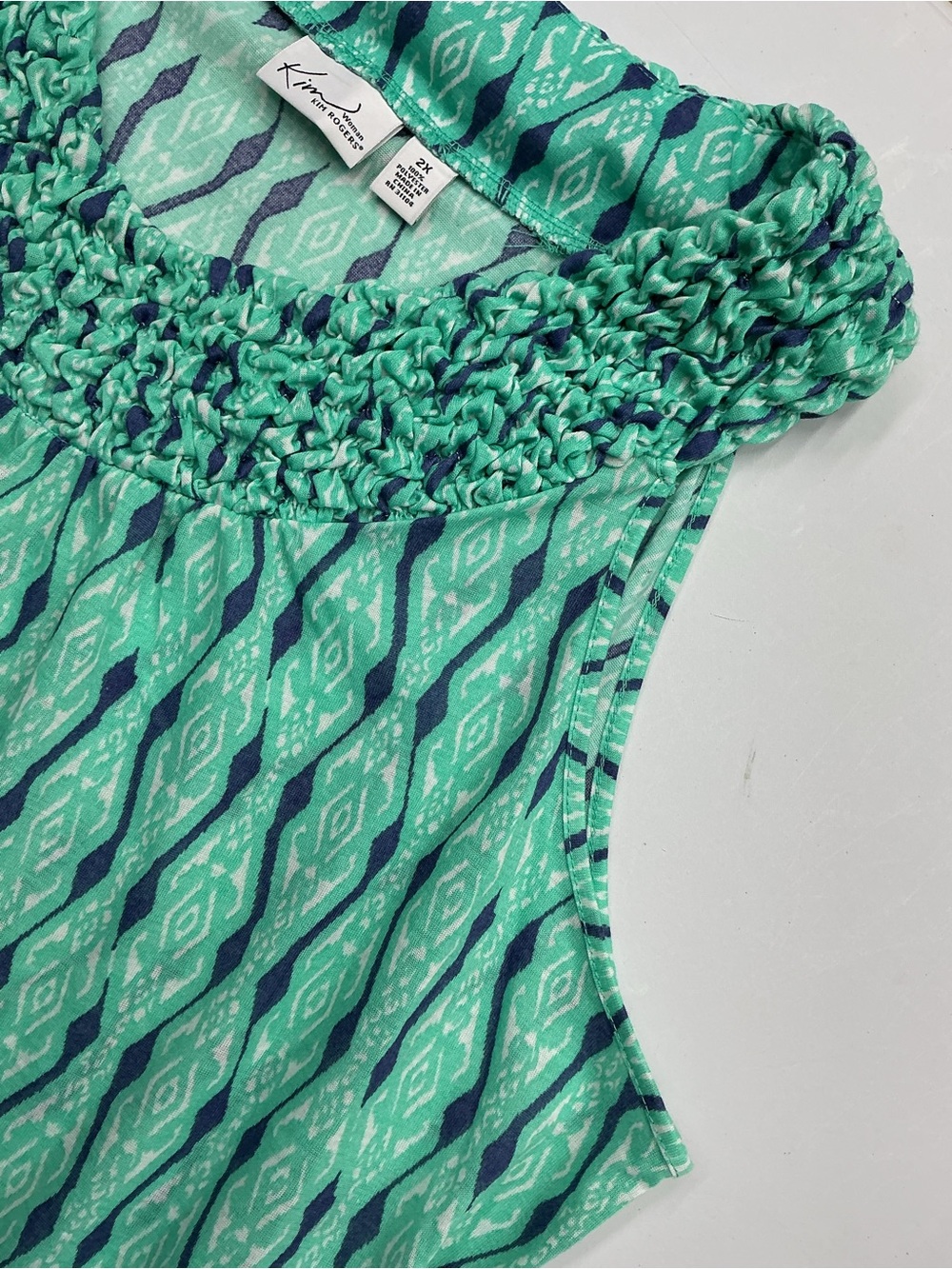 Kim Rogers Green and Navy Patterned Smocked Neck Tank